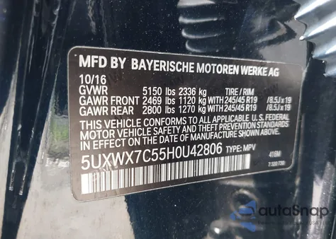2017 BMW X3 xDrive35I from USA, damaged, VIN 5UXWX7C55H0U42806